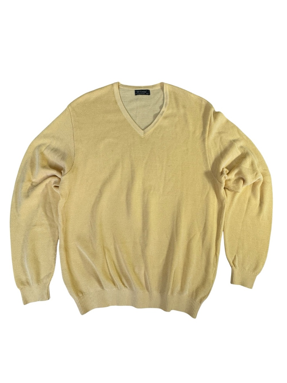 Vintage 90s St. Croix USA Butter Yellow Birdseye Knit V-Neck Sweater XL